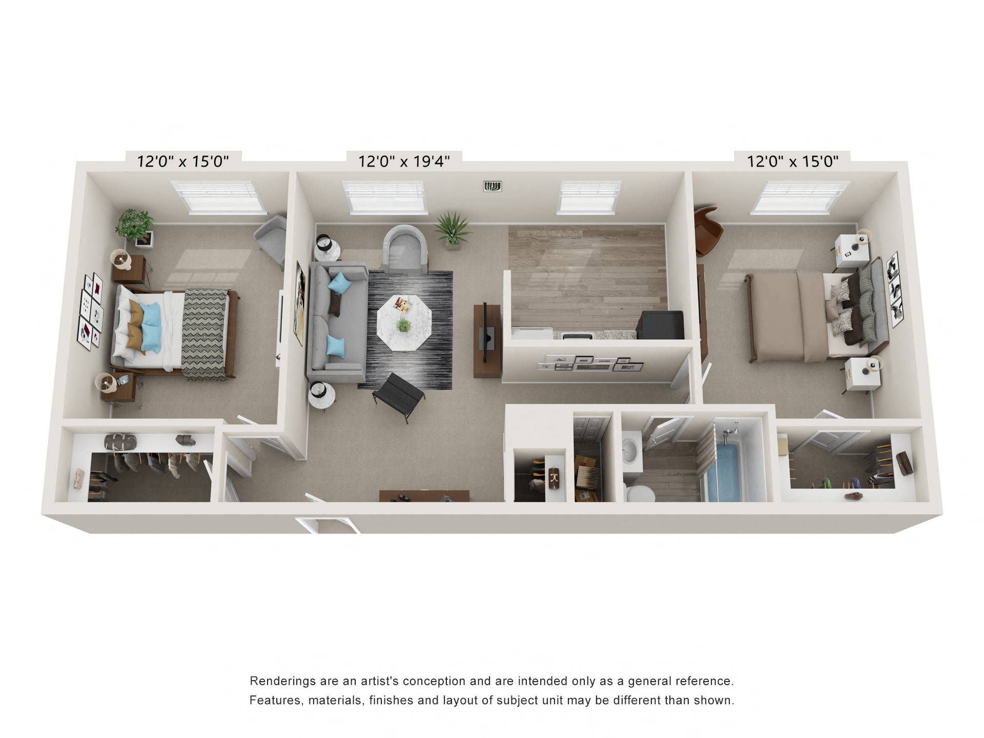 Floor plan for 2 beds, 1 bath, 995 sqft